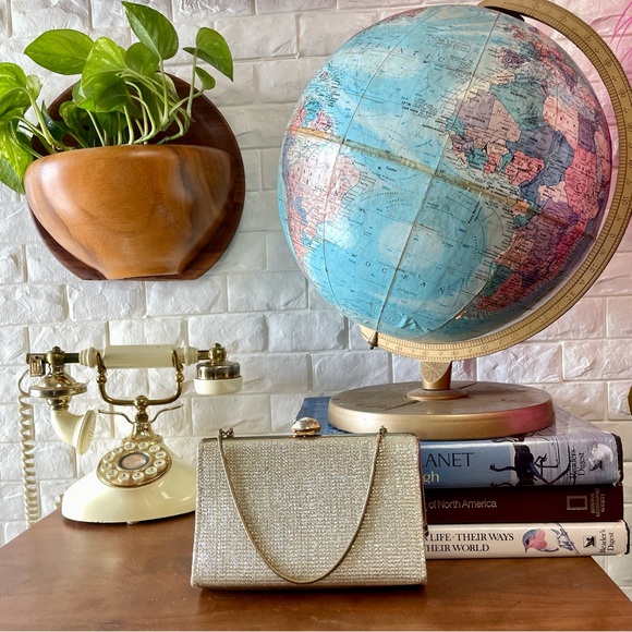 Vintage Handbags - SOLD Vintage 1950s Lamè Fabric Clutch Bag Gold Tone Frame + Faux Pearl Shell